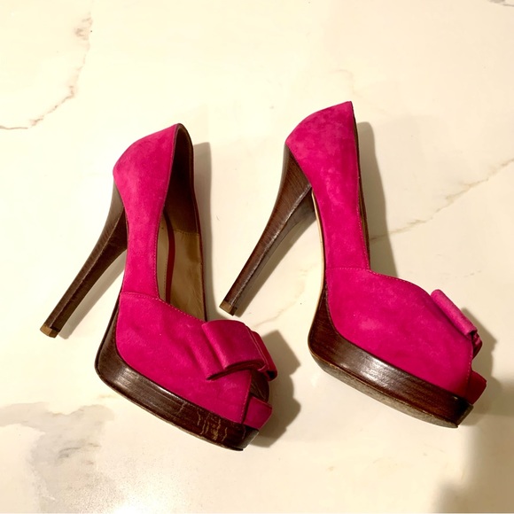 Fendi authentic fuchsia peep toe bow platform stacked heel pump 38 size 8 - Picture 4 of 15